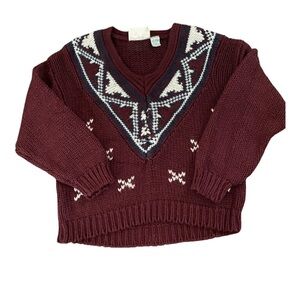 Vintage Mixed Blues Burgundy Chunky V-Neck Long Sleeve UnisexSweater Size Medium